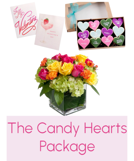 CANDY HEARTS PACKAGE - flowers, cookies & card